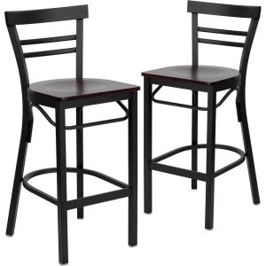 Flash Furniture HERCULES Series Black Two-Slat Ladder Back Metal Restaurant Barstool – Black Vinyl Seat(Mahogany Wood Seat/Black Metal Frame)