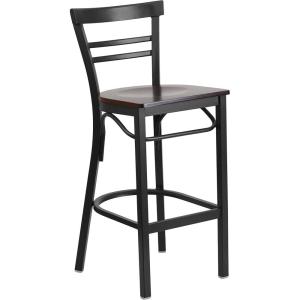 Flash Furniture HERCULES Series Black Two-Slat Ladder Back Metal Restaurant Barstool – Black Vinyl Seat(Walnut Wood Seat/Black Metal Frame)