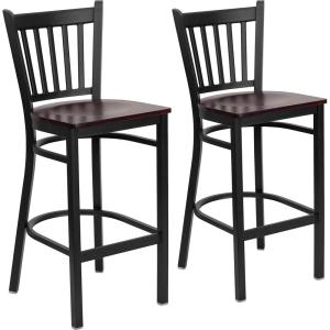 Flash Furniture HERCULES Series Black Vertical Back Metal Restaurant Barstool – Burgundy Vinyl Seat(Mahogany Wood Seat/Black Metal Frame)