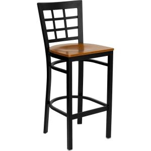 Flash Furniture HERCULES Series Black Window Back Metal Restaurant Barstool – Burgundy Vinyl Seat(Cherry Wood Seat/Black Metal Frame)