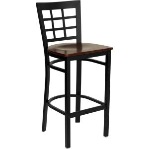 Flash Furniture HERCULES Series Black Window Back Metal Restaurant Barstool – Burgundy Vinyl Seat(Mahogany Wood Seat/Black Metal Frame)