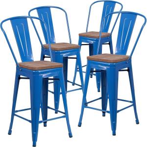 Flash Furniture Lily 24″ High Red Metal Counter Height Stool with Back and Wood Seat (Pack of 1)(Blue)