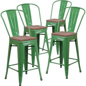 Flash Furniture Lily 24″ High Red Metal Counter Height Stool with Back and Wood Seat (Pack of 1)(Green)