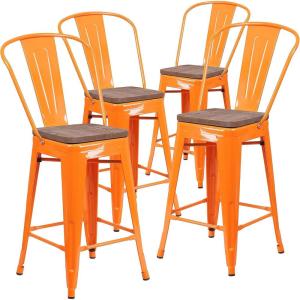 Flash Furniture Lily 24″ High Red Metal Counter Height Stool with Back and Wood Seat (Pack of 1)(Orange)