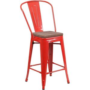Flash Furniture Lily 24″ High Red Metal Counter Height Stool with Back and Wood Seat (Pack of 1)(Red)