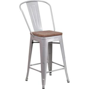 Flash Furniture Lily 24″ High Red Metal Counter Height Stool with Back and Wood Seat (Pack of 1)(Silver)