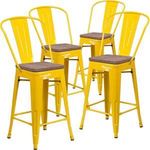 Flash Furniture Lily 24″ High Red Metal Counter Height Stool with Back and Wood Seat (Pack of 1)(Yellow)