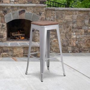Flash Furniture Lily 30″ High Backless Red Metal Barstool with Square Wood Seat(Silver)