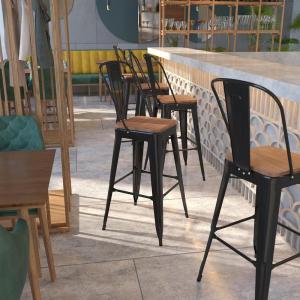 Flash Furniture Lily 30″ High Red Metal Barstool with Back and Wood Seat (Pack of 1)(Black)
