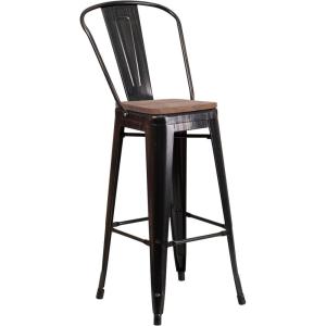 Flash Furniture Lily 30″ High Red Metal Barstool with Back and Wood Seat (Pack of 1)(Black-antique Gold)
