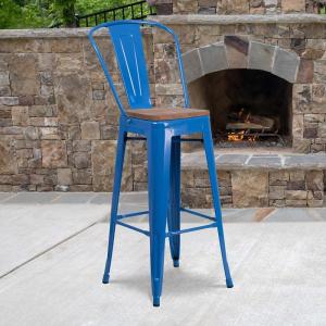 Flash Furniture Lily 30″ High Red Metal Barstool with Back and Wood Seat (Pack of 1)(Blue)