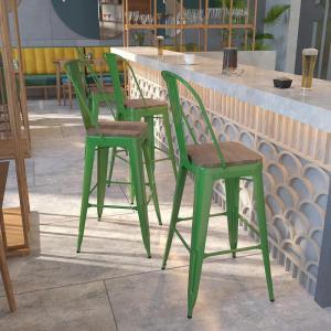 Flash Furniture Lily 30″ High Red Metal Barstool with Back and Wood Seat (Pack of 1)(Green)