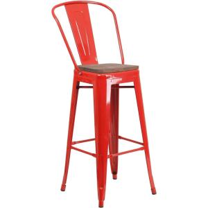 Flash Furniture Lily 30″ High Red Metal Barstool with Back and Wood Seat (Pack of 1)(Red)