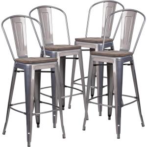 Flash Furniture Lincoln 30″ High Clear Coated Barstool with Back and Wood Seat(4)