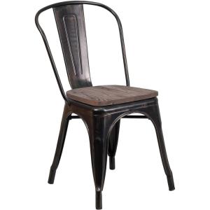Flash Furniture Perry Metal Stackable Chair with Wood Seat, 1 Pack, Blue(Black-antique Gold)