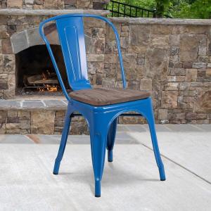 Flash Furniture Perry Metal Stackable Chair with Wood Seat, 1 Pack, Blue(Blue)