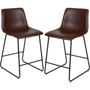 Flash Furniture Reagan 24″ LeatherSoft Counter Height Stools with Footrest, Mid-Century Modern Bucket Style Dining Chairs, Set of 2, Dark Brown