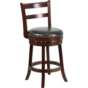Flash Furniture Ronnie 26” High Cappuccino Wood Counter Height Stool with Single Slat Ladder Back and Black LeatherSoft Swivel Seat