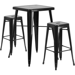 Flash Furniture Stone Commercial Grade 23.75″ Square Yellow Metal Indoor-Outdoor Bar Table Set with 2 Square Seat Backless Stools(Black)