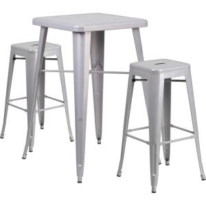 Flash Furniture Stone Commercial Grade 23.75″ Square Yellow Metal Indoor-Outdoor Bar Table Set with 2 Square Seat Backless Stools(Silver)
