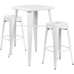 Flash Furniture Stone Commercial Grade 23.75″ Square Yellow Metal Indoor-Outdoor Bar Table Set with 2 Square Seat Backless Stools(White)