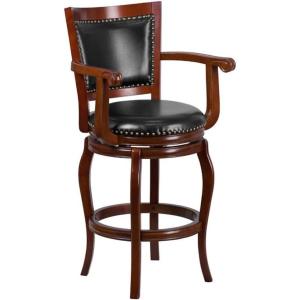 Flash Furniture Vestina 30″ LeatherSoft Barstool with Footrest and Arms, Classic Ladder Back Upholstered Bar Height Stool, Cherry Wood/Black