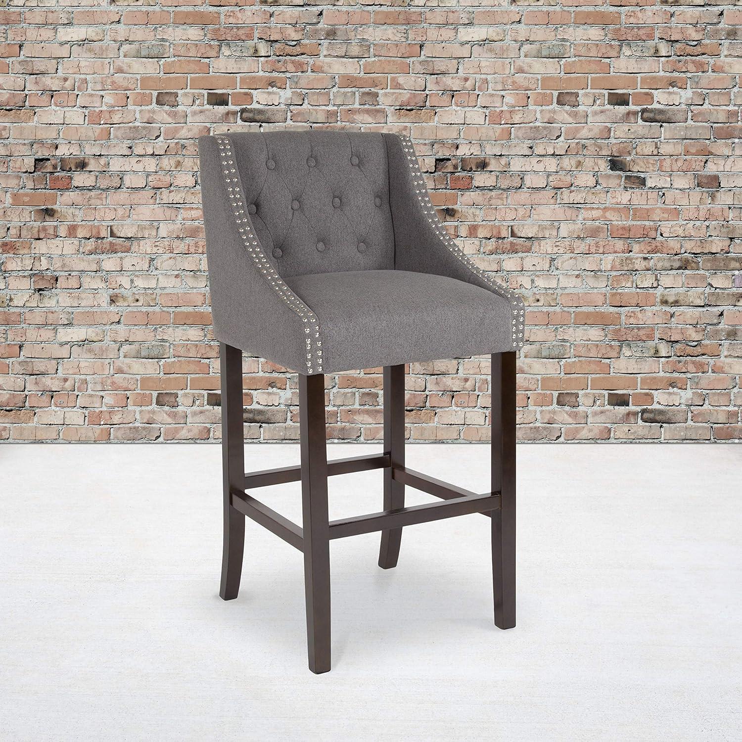 image:imageFlash Furniture Carmel Series 30 High Transitional Tufted Walnut Barstool with Accent Nail Trim in Light Gray LeatherSoftDark Gray Fabric