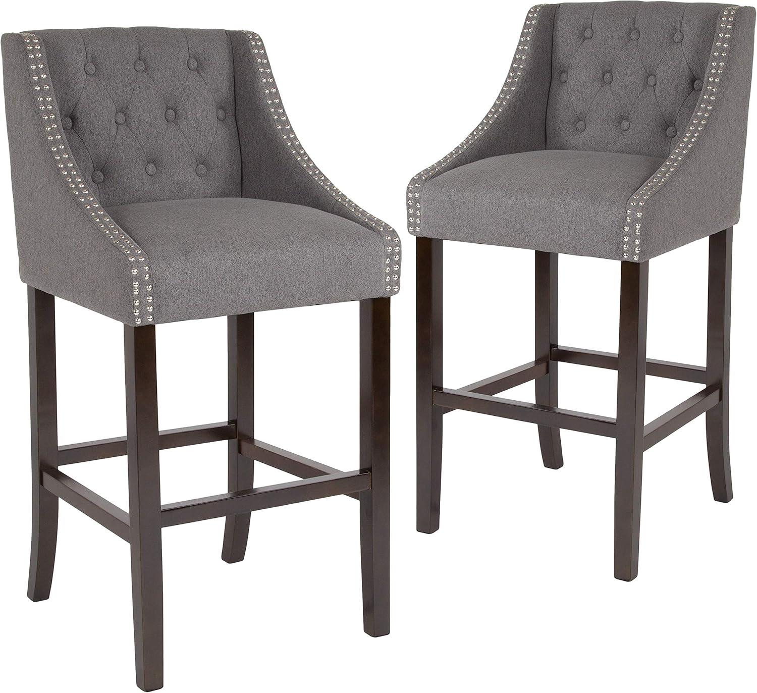 image:imageFlash Furniture Carmel Series 30 High Transitional Tufted Walnut Barstool with Accent Nail Trim in Light Gray LeatherSoftDark Gray Fabric