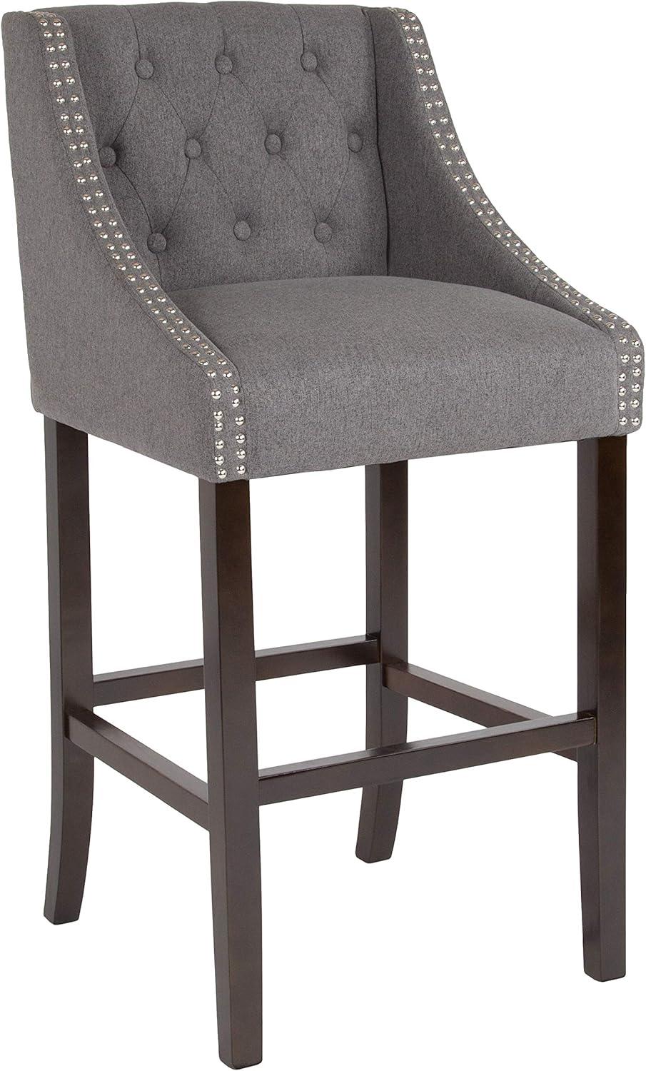 image:imageFlash Furniture Carmel Series 30 High Transitional Tufted Walnut Barstool with Accent Nail Trim in Light Gray LeatherSoftDark Gray Fabric