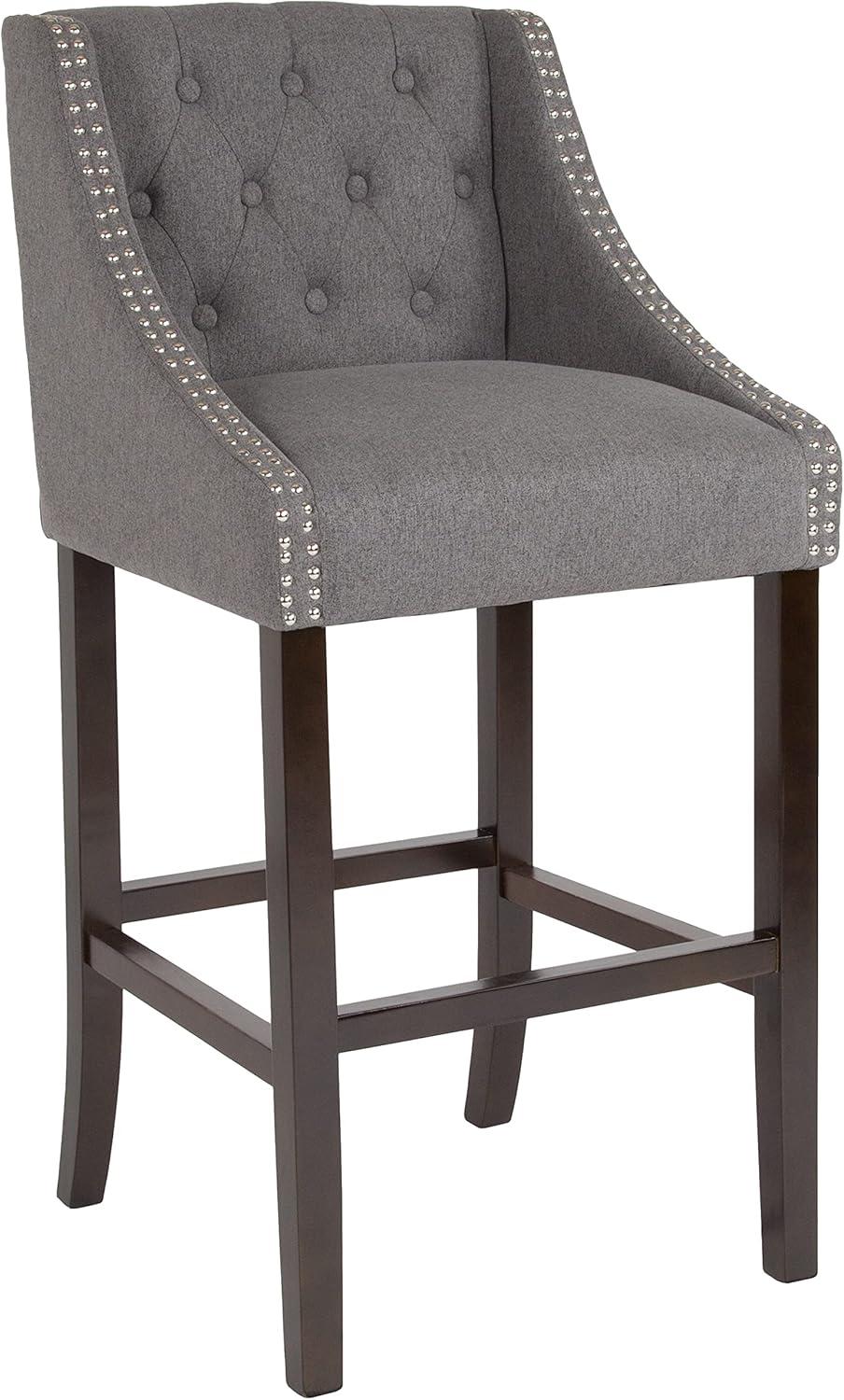 image:imageFlash Furniture Carmel Series 30 High Transitional Tufted Walnut Barstool with Accent Nail Trim in Light Gray LeatherSoftDark Gray Fabric