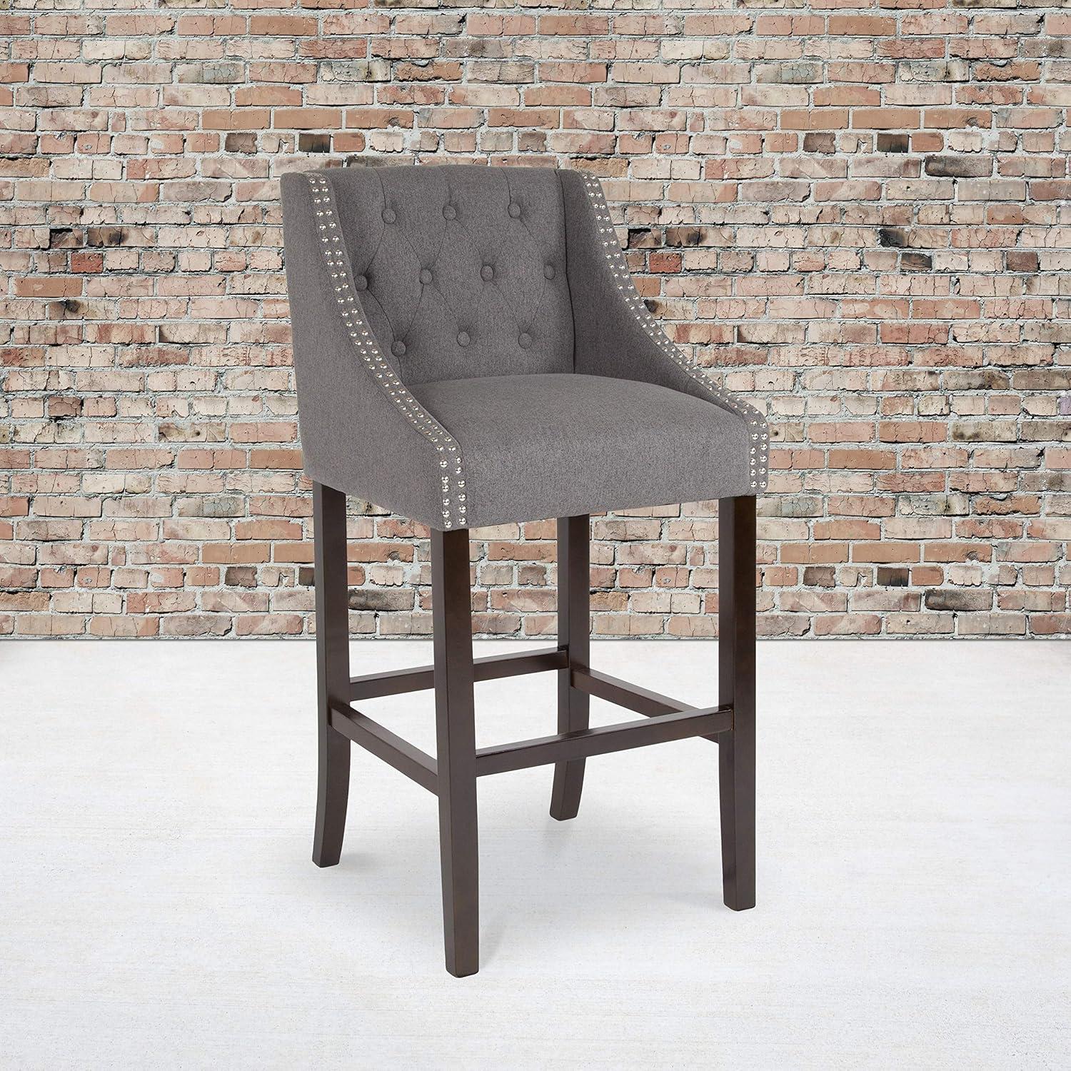 image:imageFlash Furniture Carmel Series 30 High Transitional Tufted Walnut Barstool with Accent Nail Trim in Light Gray LeatherSoftDark Gray Fabric
