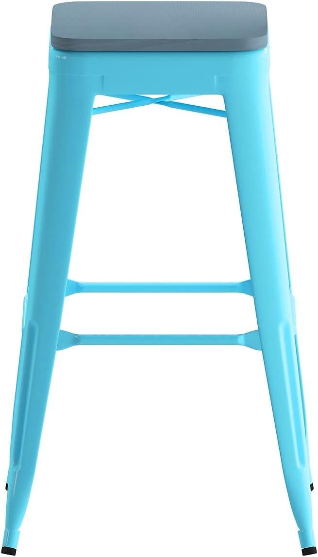 image:imageFlash Furniture Cierra 4 Pack Commercial Indoor Counter Height Stools Silver Galvanized Steel Frame Gray AllWeather Poly Resin Seat 24 High BacklessTealblue Resin Wood SeatTeal Frame