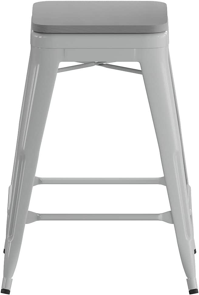 image:imageFlash Furniture Cierra 4 Pack Commercial Indoor Counter Height Stools Silver Galvanized Steel Frame Gray AllWeather Poly Resin Seat 24 High BacklessSilverGray