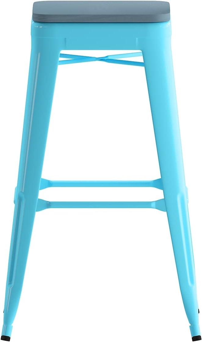 image:imageFlash Furniture Cierra 4 Pack Commercial Indoor Counter Height Stools Silver Galvanized Steel Frame Gray AllWeather Poly Resin Seat 24 High BacklessTealblue Resin Wood SeatTeal Frame