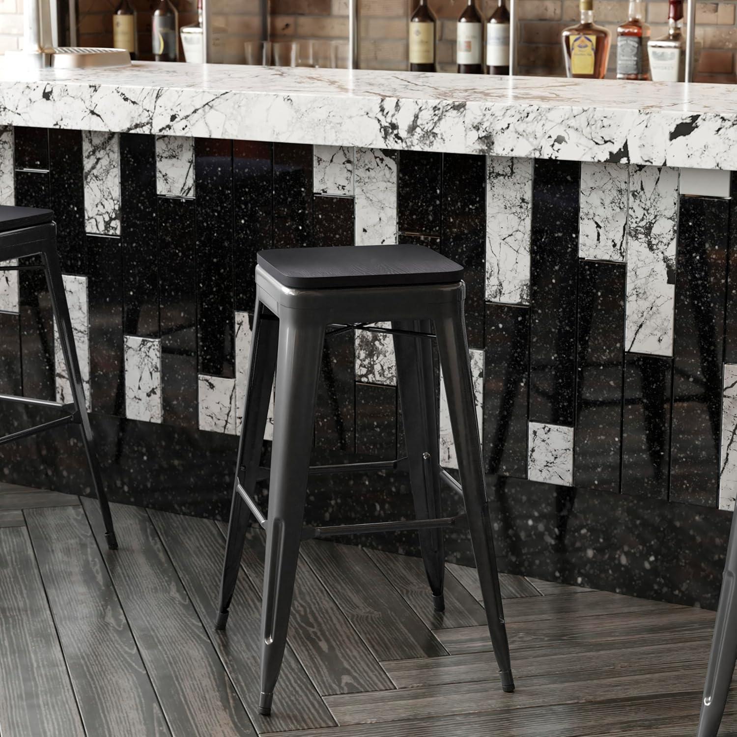 image:imageFlash Furniture Cierra 4 Pack Commercial Indoor Counter Height Stools Silver Galvanized Steel Frame Gray AllWeather Poly Resin Seat 24 High BacklessBlack Resin Wood SeatBlack Frame