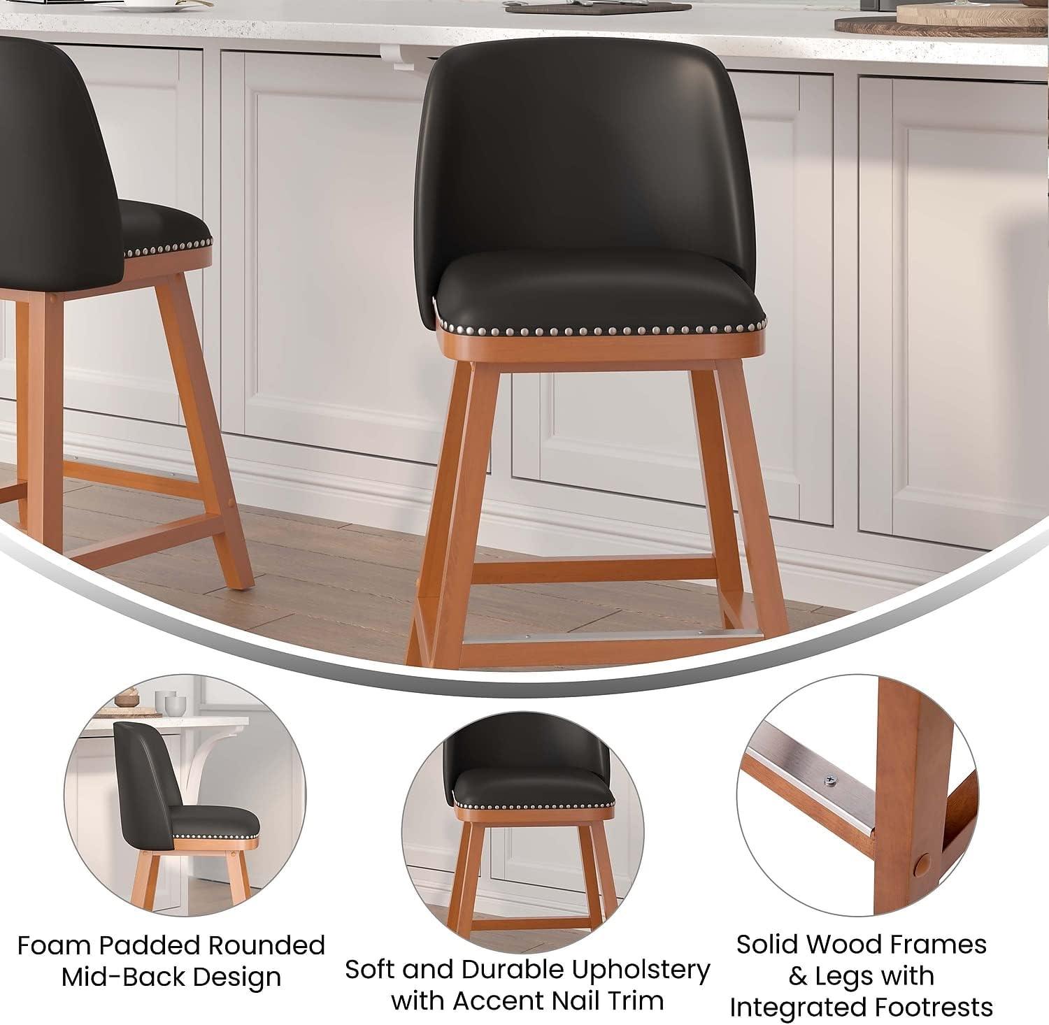 image:imageFlash Furniture Julia Set of 2 Transitional Counter Stools Black LeatherSoft Upholstery Silver Nailhead Trim 24 Inch Walnut Finish Wood Frames