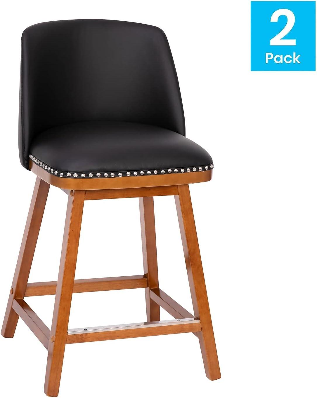 image:imageFlash Furniture Julia Set of 2 Transitional Counter Stools Black LeatherSoft Upholstery Silver Nailhead Trim 24 Inch Walnut Finish Wood Frames