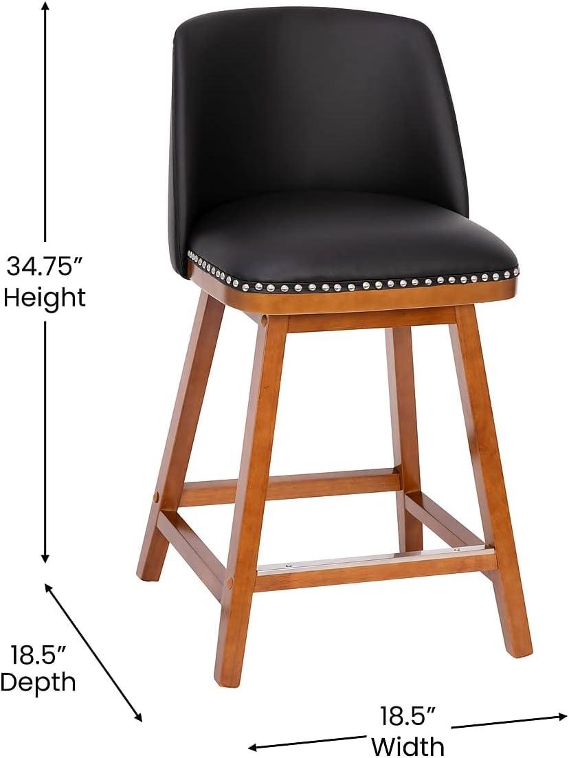 image:imageFlash Furniture Julia Set of 2 Transitional Counter Stools Black LeatherSoft Upholstery Silver Nailhead Trim 24 Inch Walnut Finish Wood Frames