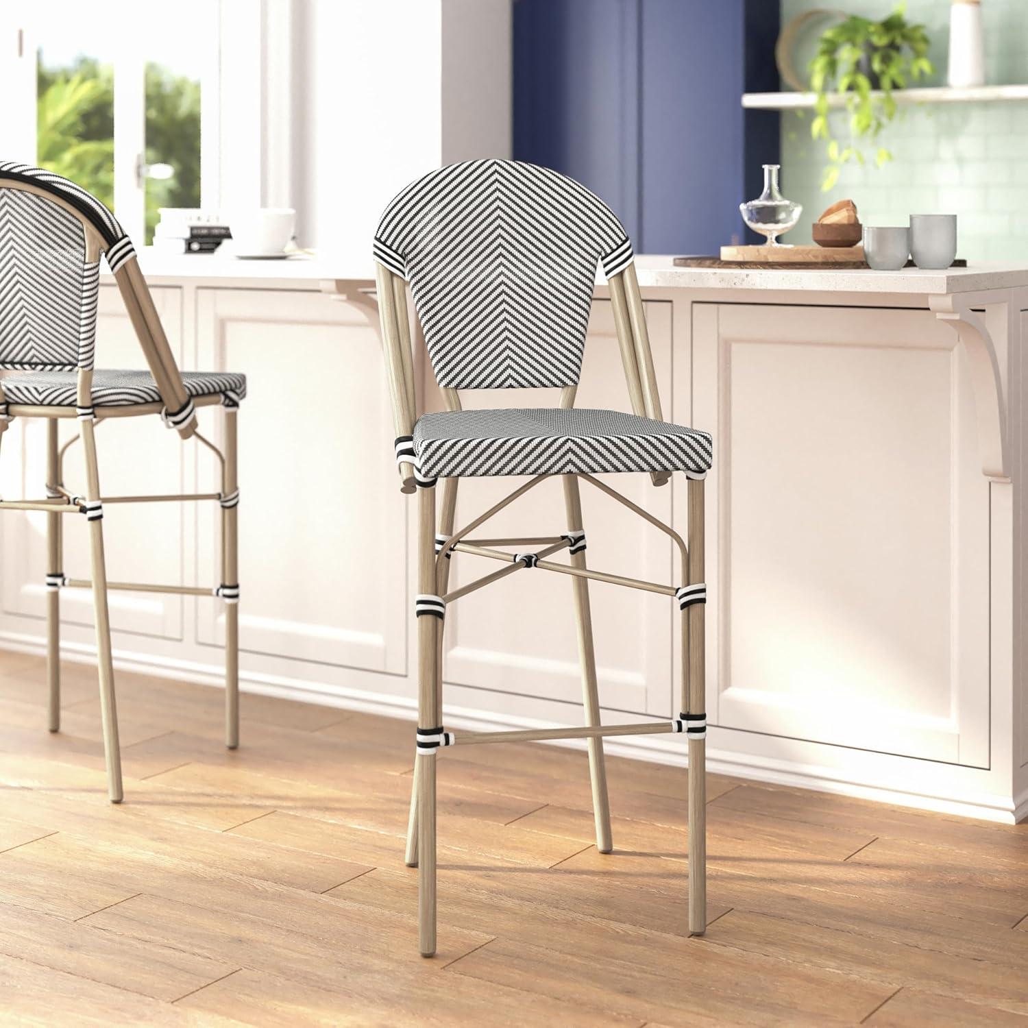 image:imageFlash Furniture Marseille IndoorOutdoor Commercial Bistro Stacking Bar Stool Black Textilene Back and Seat Natural Bamboo Print Metal Frame 2 PackBlack WhiteLight Natural Frame