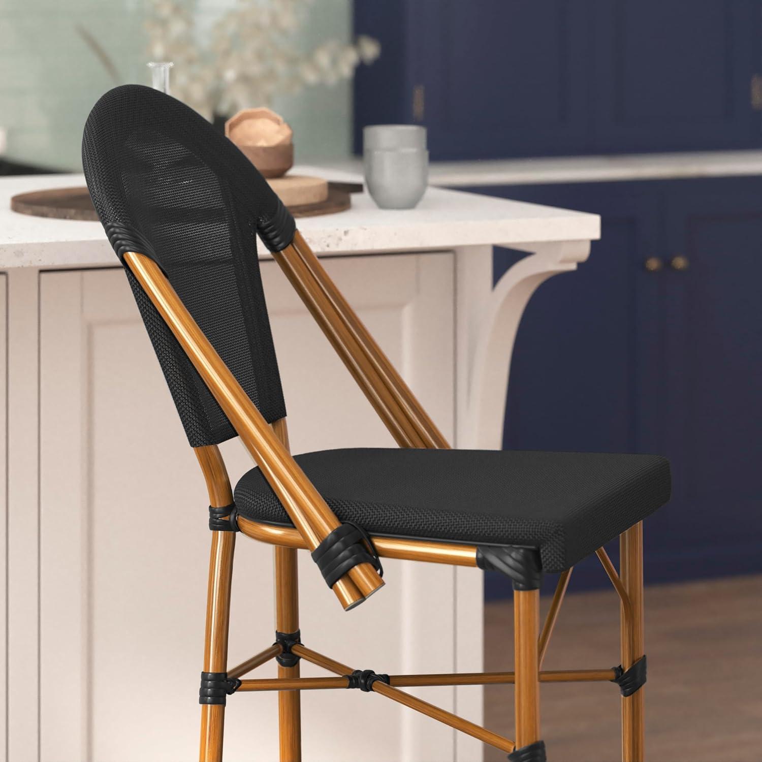 image:imageFlash Furniture Marseille IndoorOutdoor Commercial Bistro Stacking Bar Stool Black Textilene Back and Seat Natural Bamboo Print Metal Frame 2 PackBlackNatural Frame