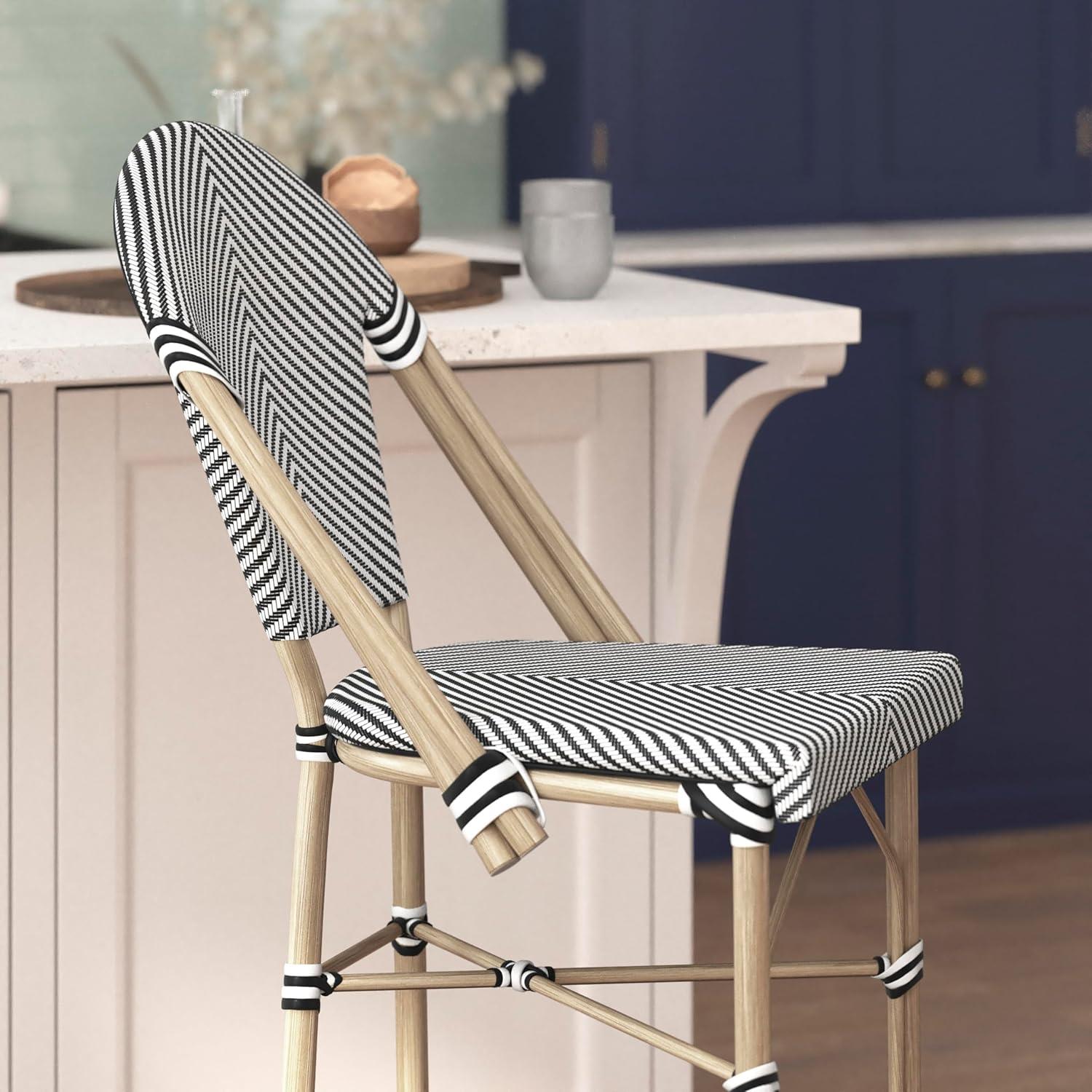 image:imageFlash Furniture Marseille IndoorOutdoor Commercial Bistro Stacking Bar Stool Black Textilene Back and Seat Natural Bamboo Print Metal Frame 2 PackBlack WhiteLight Natural Frame