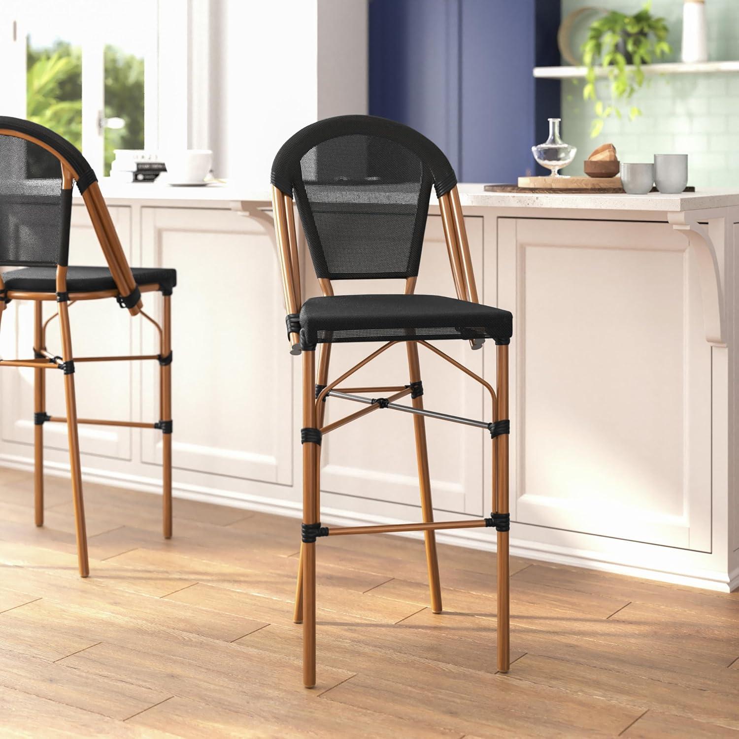 image:imageFlash Furniture Marseille IndoorOutdoor Commercial Bistro Stacking Bar Stool Black Textilene Back and Seat Natural Bamboo Print Metal Frame 2 PackBlackNatural Frame