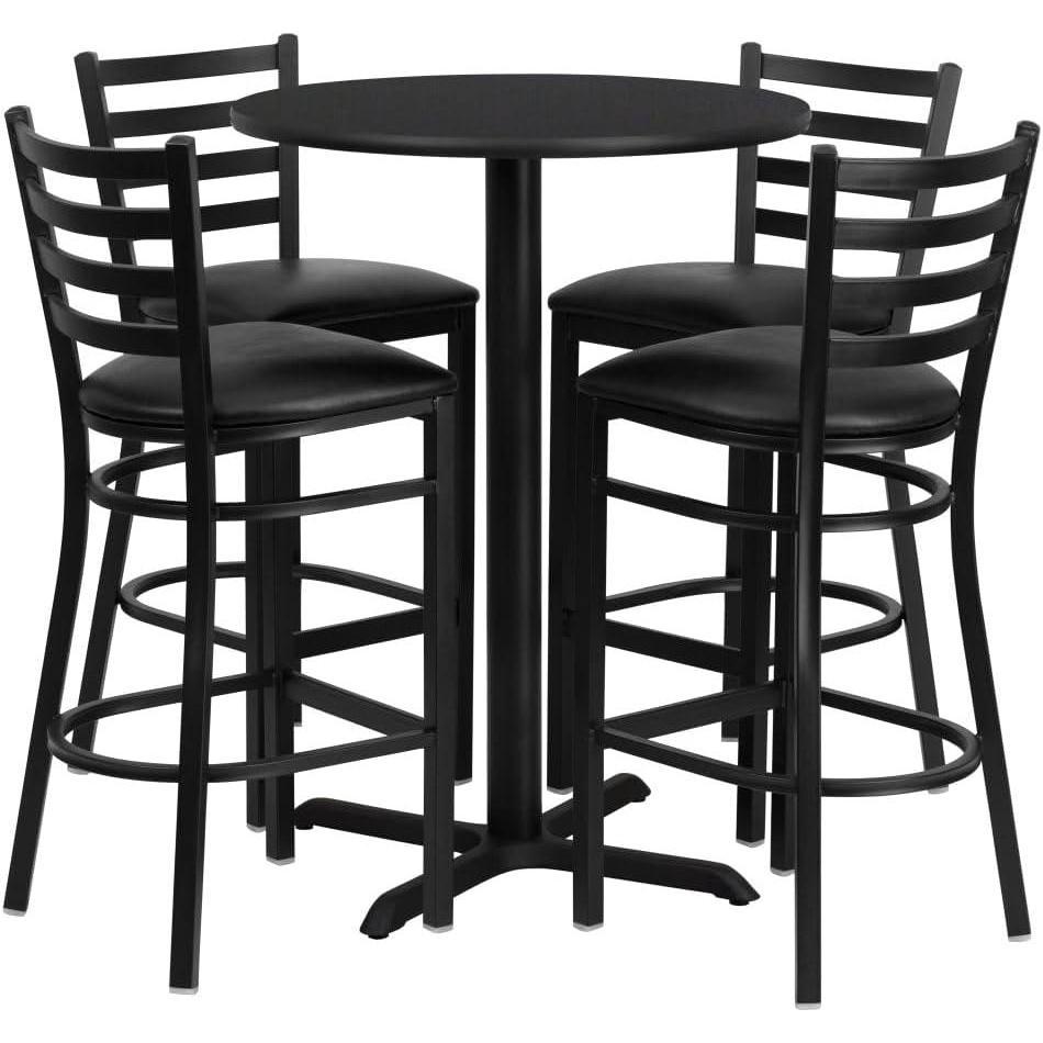 image:imageFlash Furniture 30 Round Black Laminate Table Set with XBase and 4 Ladder Back Metal Barstools Black Vinyl SeatBlack