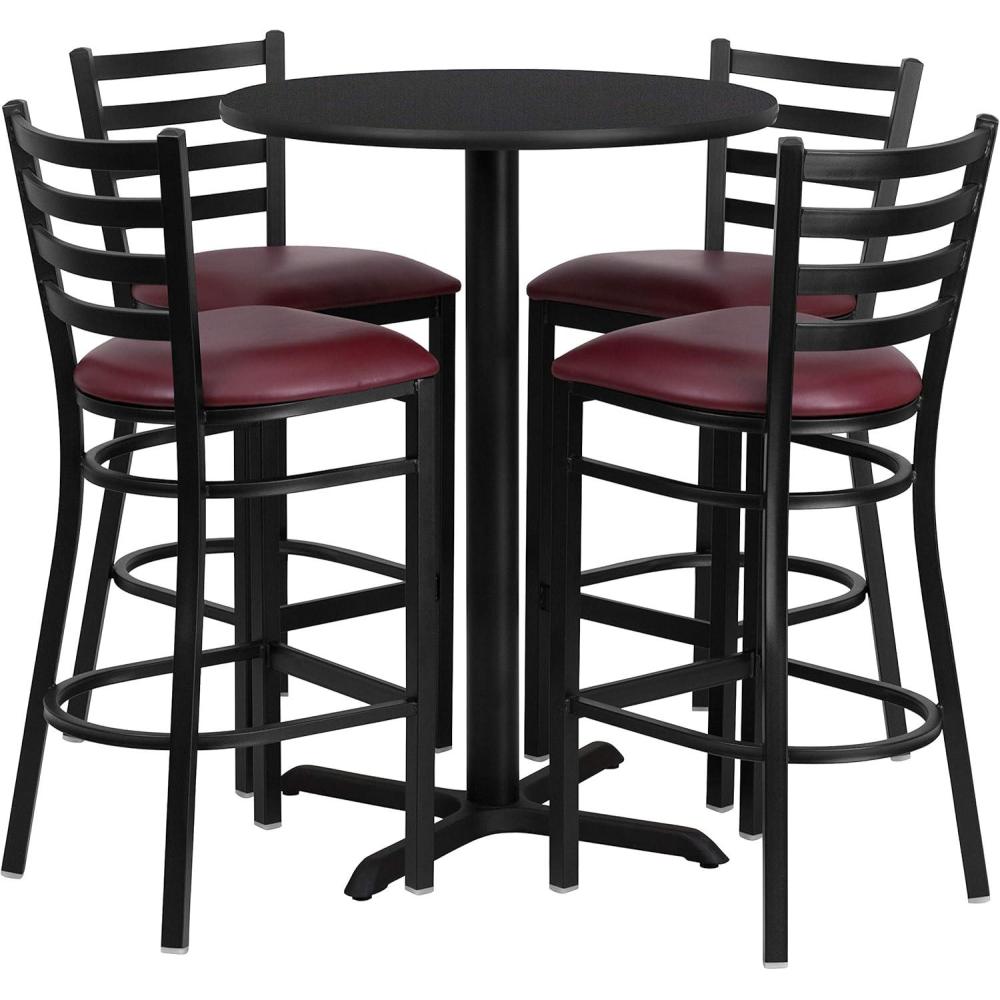 image:imageFlash Furniture 30 Round Black Laminate Table Set with XBase and 4 Ladder Back Metal Barstools Black Vinyl SeatBlack TopBurgundy Vinyl Seat
