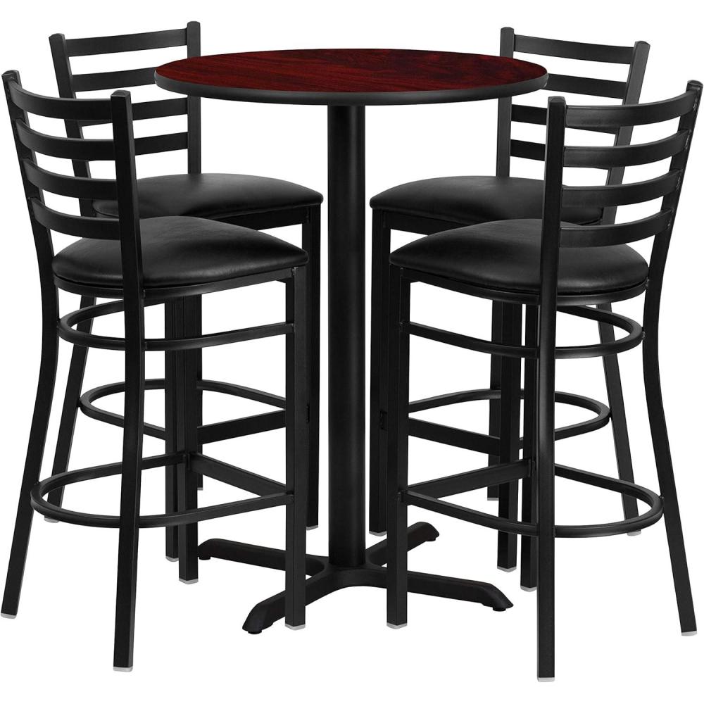image:imageFlash Furniture 30 Round Black Laminate Table Set with XBase and 4 Ladder Back Metal Barstools Black Vinyl SeatMahogany TopBlack Vinyl Seat