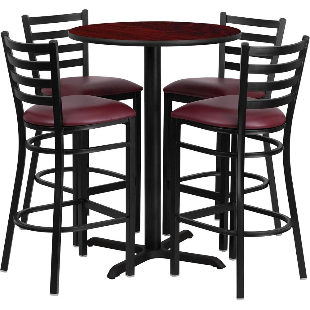 image:imageFlash Furniture 30 Round Black Laminate Table Set with XBase and 4 Ladder Back Metal Barstools Black Vinyl SeatMahogany TopBurgundy Vinyl Seat