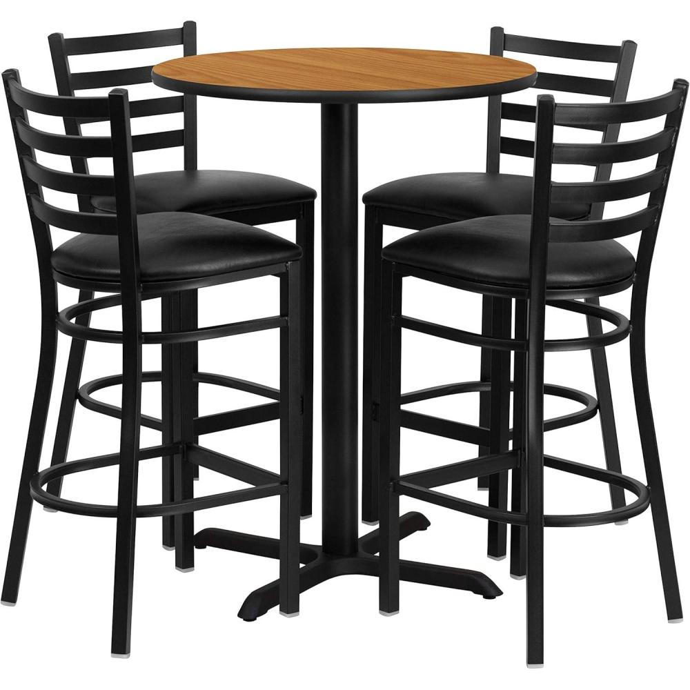 image:imageFlash Furniture 30 Round Black Laminate Table Set with XBase and 4 Ladder Back Metal Barstools Black Vinyl SeatNatural TopBlack Vinyl Seat