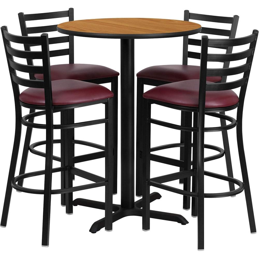 image:imageFlash Furniture 30 Round Black Laminate Table Set with XBase and 4 Ladder Back Metal Barstools Black Vinyl SeatNatural TopBurgundy Vinyl Seat