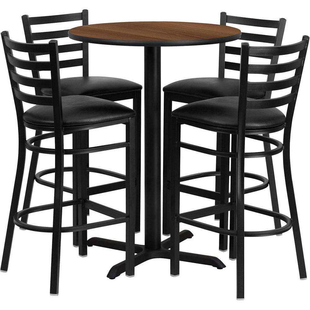image:imageFlash Furniture 30 Round Black Laminate Table Set with XBase and 4 Ladder Back Metal Barstools Black Vinyl SeatWalnut TopBlack Vinyl Seat