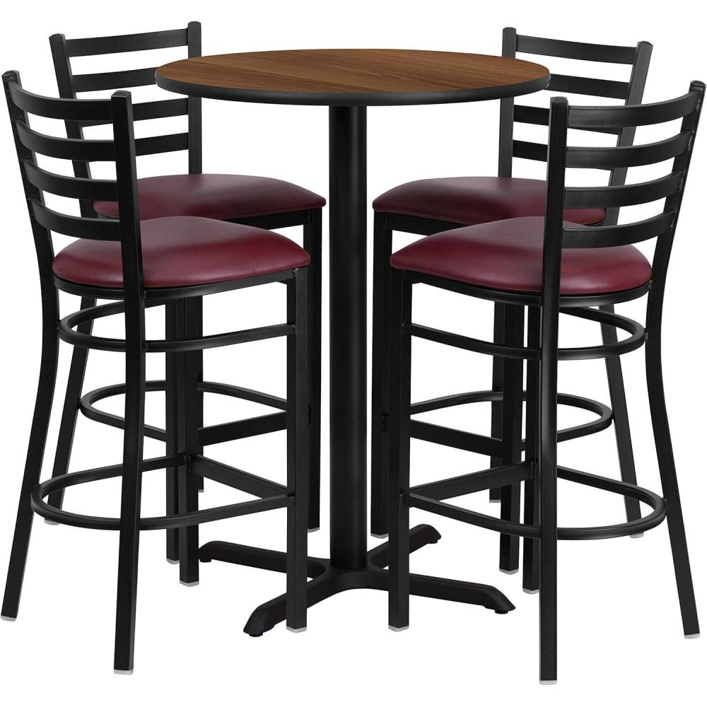 image:imageFlash Furniture 30 Round Black Laminate Table Set with XBase and 4 Ladder Back Metal Barstools Black Vinyl SeatWalnut TopBurgundy Vinyl Seat